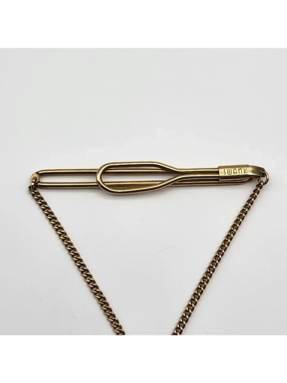 Swank Bowling Ball & Pins Tie Clip Bar With Chain Vintage MCM gold plated